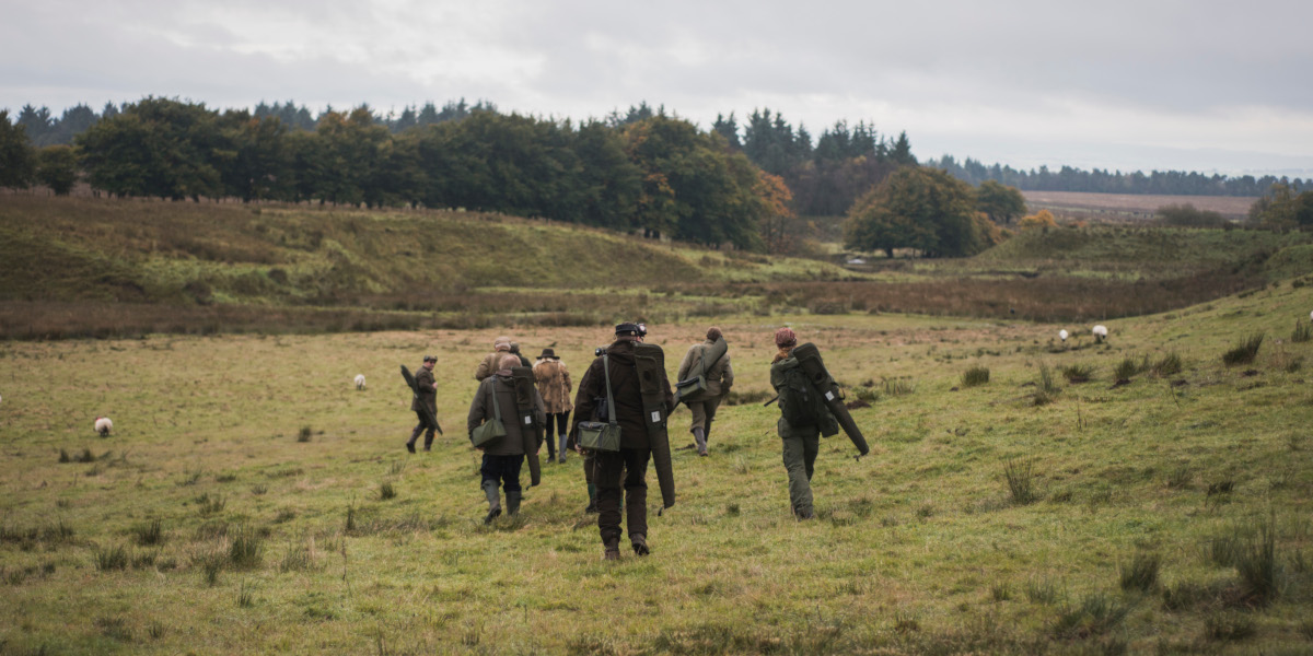 back view of men with shotguns in the field