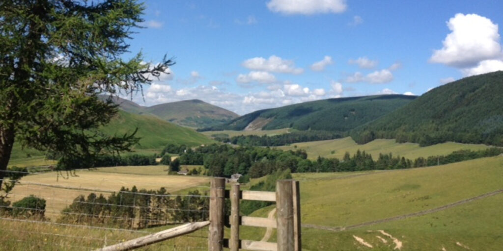 Scottish border hills with wooden gate in foreground