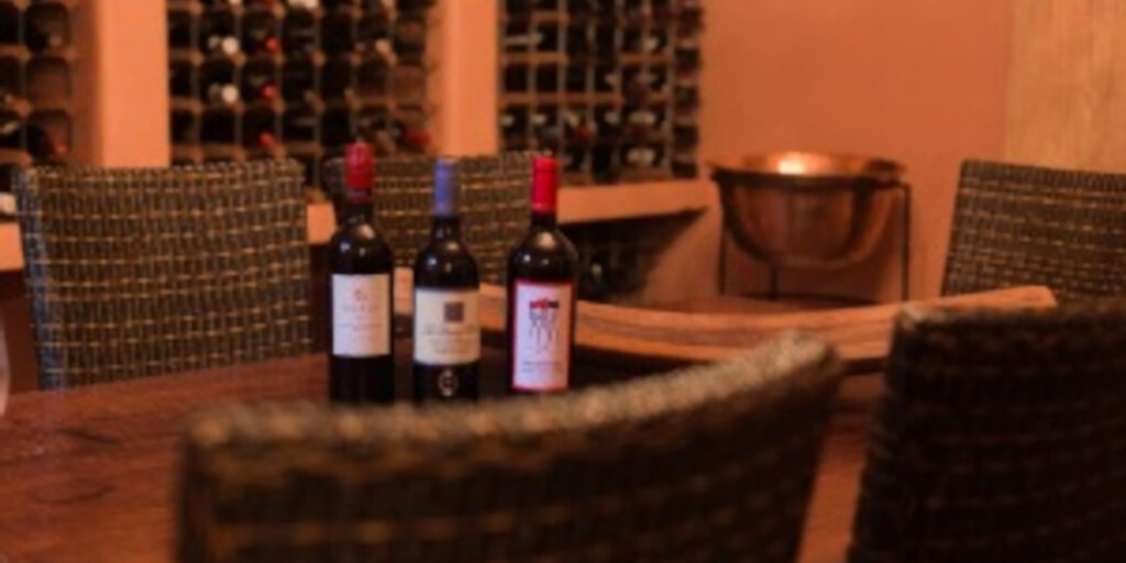 Wine cellar with 3 bottles of red wine on table