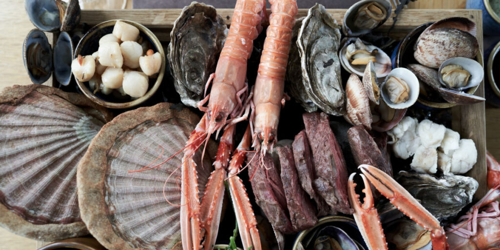 Scottish shellfish oysters, musseld, langoustine, scallops, cockles