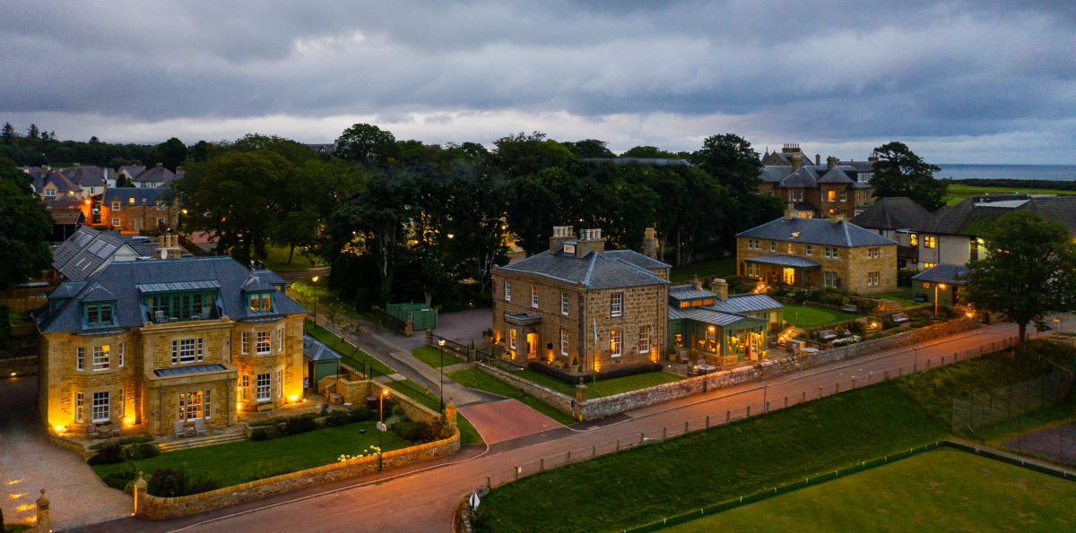 Links House Hotel Dornoch at dusk aerial