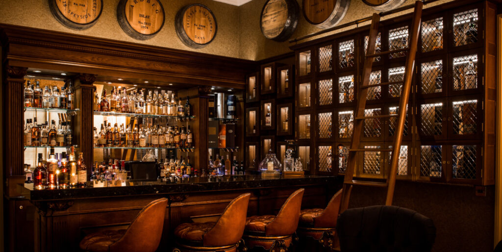 whiskey bar with bar stools
