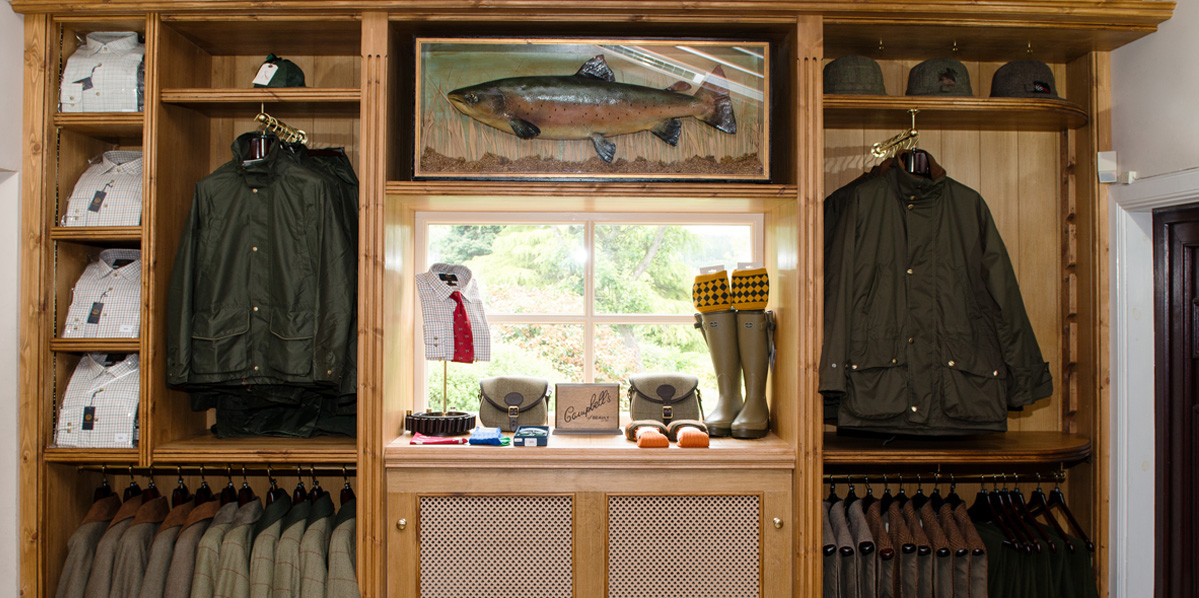 country clothing display with stuffed fish