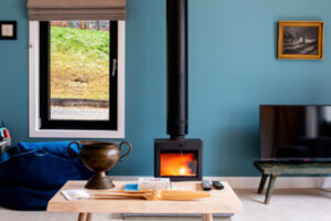 wood burning stove in blue painted lounge with large window
