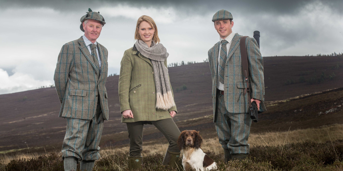 2 men and a woman wearing Glen Tanar Estate tweed suits by Araminta Campbell