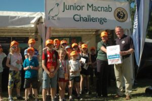 group of children in front of game fair stand